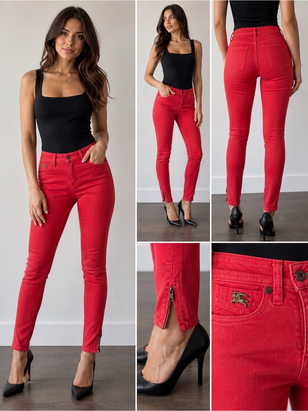 Burberry Brit Skinny Ankle Red Jeans 27 Stretch Zip Hem Designer Pants